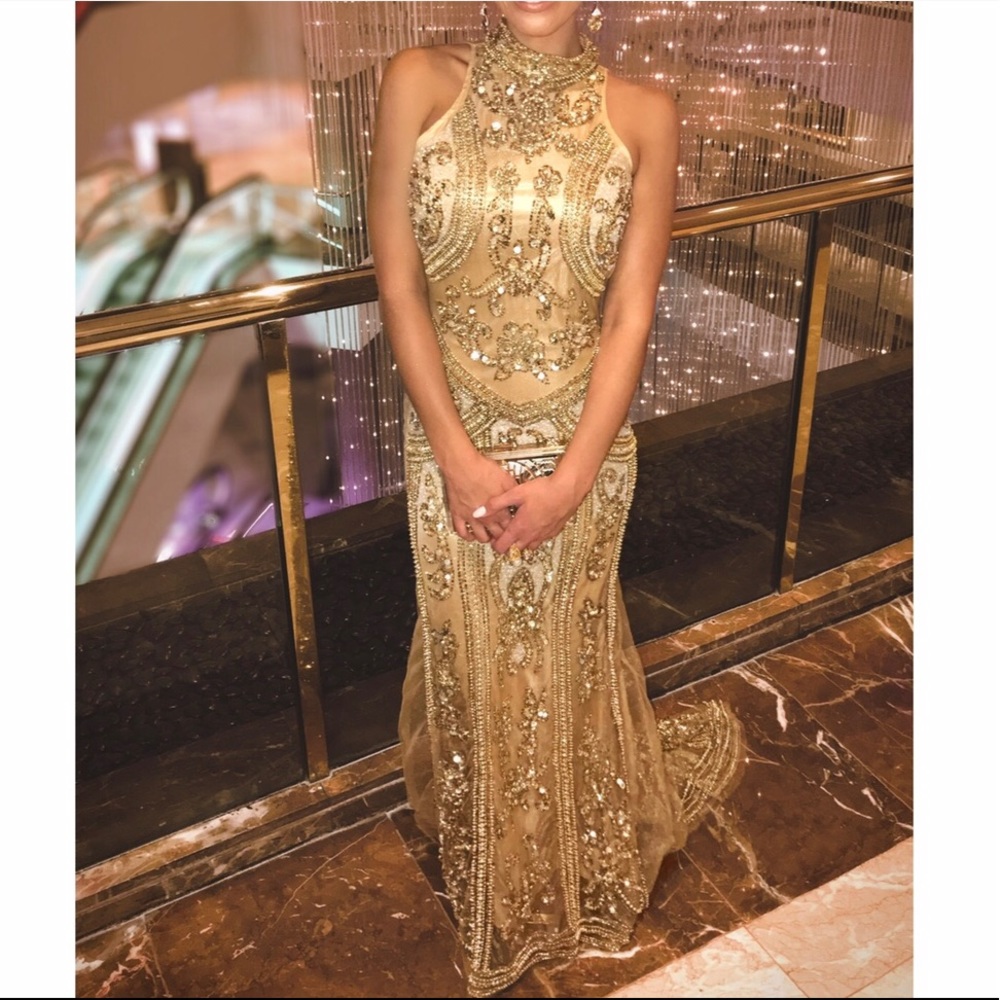 High neck gown gold embellished maxi dress
